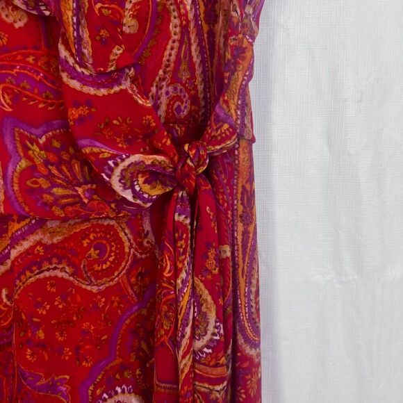 London Times Sleeveless Maxi Dress Bold Red Paisley Print Ruffled Boho Size 10 - Picture 9 of 15